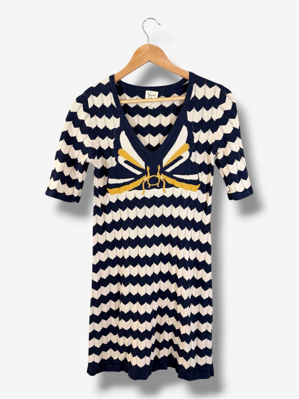 Yumi Navy Cream Chevron Knit Bee Motif Fit & Flare Dress US 6/8 Boho Casual
